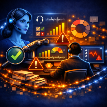 Futuristic illustration showing AI assistant and call center agent analyzing call quality with holographic dashboards, checkmarks, and warning icons symbolizing automated scoring and compliance detection