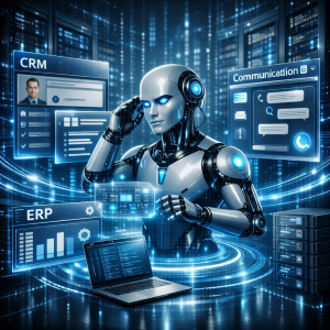 AI robot integrating CRM, ERP, and communication systems through glowing data streams in a futuristic corporate environment